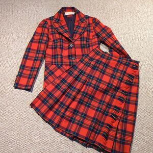 Vintage Pendleton Blazer Wrap Skirt Suit Set Womens 8 Red Tartan Plaid Fringe